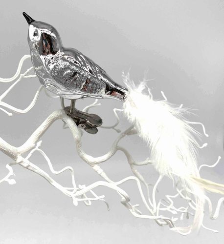 Krebs Glas aus Lauscha "Vogel auf Clip silber mit Federschwanz"